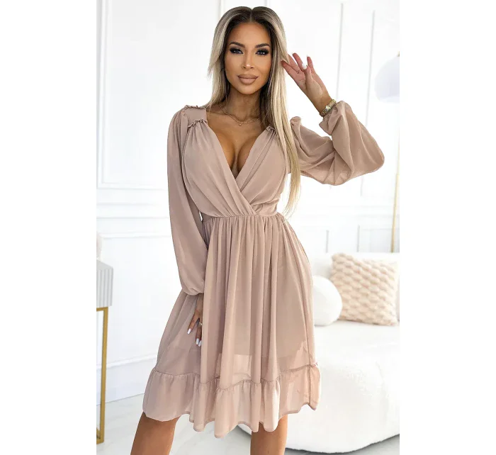 538-1 MILA Šifónové midi šaty s dlhými rukávmi a výstrihom - BEACH 538-1 MILA Šifónové midi šaty s dlhými rukávmi a výstrihom - BEACH