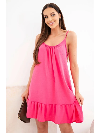Dámske viskózové šaty bez ramienok s volánom a viazaním ružovej farby