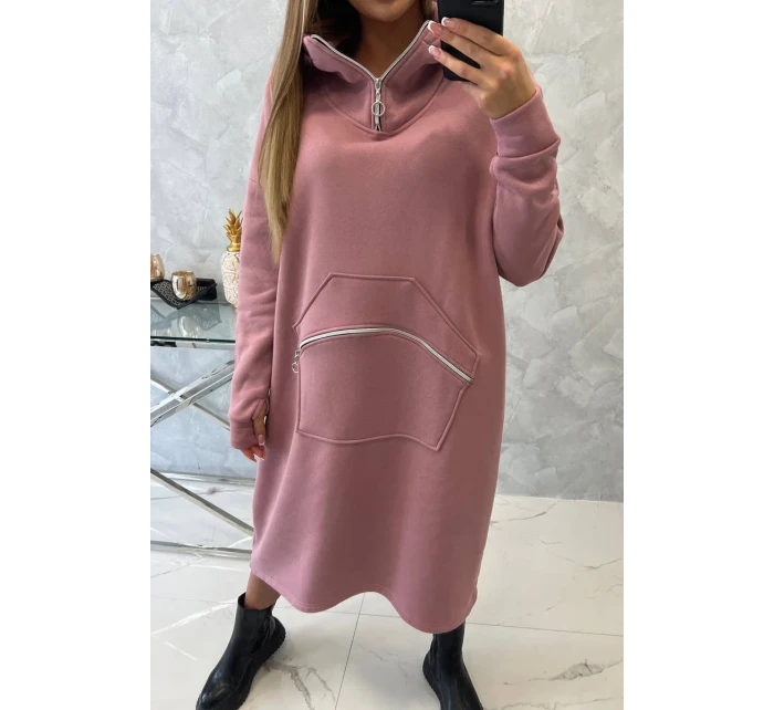 Zateplené šaty s kapucňou tmavo ružové