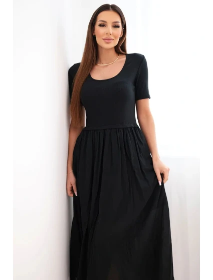 Dámske bavlnené midi šaty s krátkymi rukávmi a rozšírenou spodnou časťou čierne