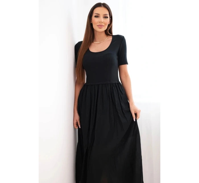 Dámske bavlnené midi šaty s krátkymi rukávmi a rozšírenou spodnou časťou čierne