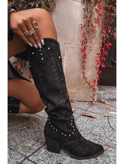 Damskie Kozaki Kowbojki Ze Zdobieniem Na Słupku Czarne Darella Damskie Kozaki Kowbojki Ze Zdobieniem Na Słupku Czarne Darella