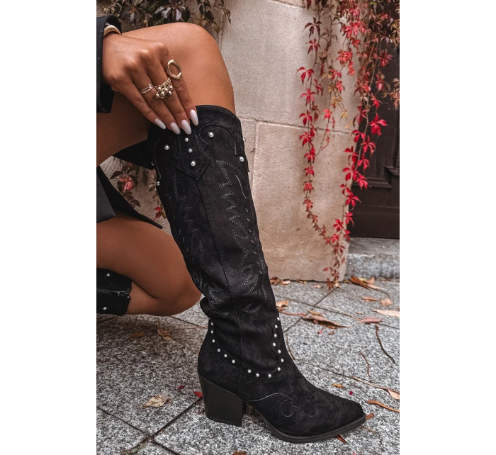 Damskie Kozaki Kowbojki Ze Zdobieniem Na Słupku Czarne Darella Damskie Kozaki Kowbojki Ze Zdobieniem Na Słupku Czarne Darella
