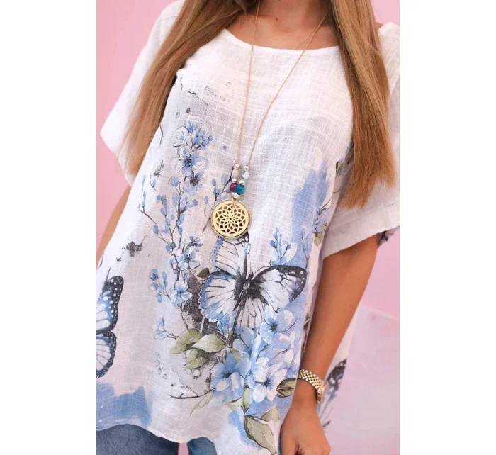 Dámske bavlnené tričko s motýľmi a kvetmi biele
