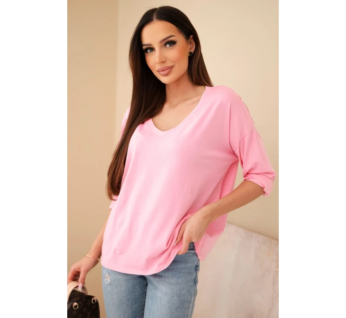 Dámská bavlněná blůza s výstřihem do V a dlouhým rukávem světle růžová