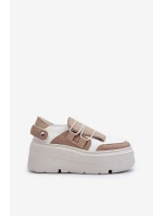 Zazoo 1833 Sneakersy Damskie Skórzane Na Masywnej Podeszwie Beżowo-Białe