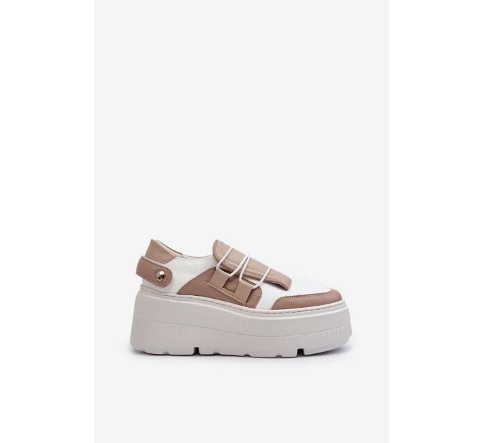 Zazoo 1833 Sneakersy Damskie Skórzane Na Masywnej Podeszwie Beżowo-Białe