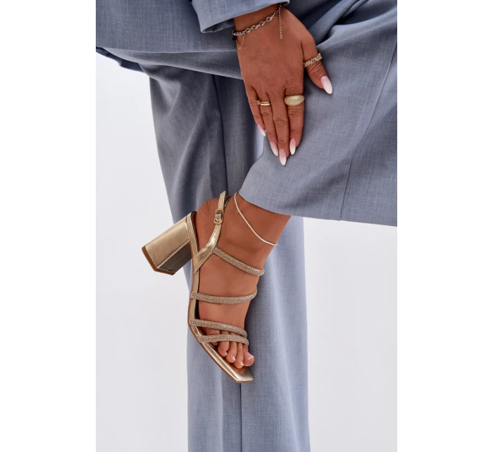 Dámské sandály na podpatku s pásky a kamínky Zlaté Brelia