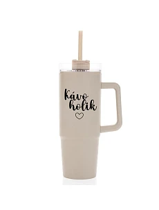 KÁVOHOLIK - béžový cestovný termohrnček s priehľadným viečkom 900 ml