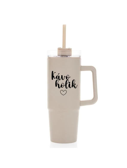 KÁVOHOLIK - béžový cestovní termohrnek s průhledným víčkem 900 ml