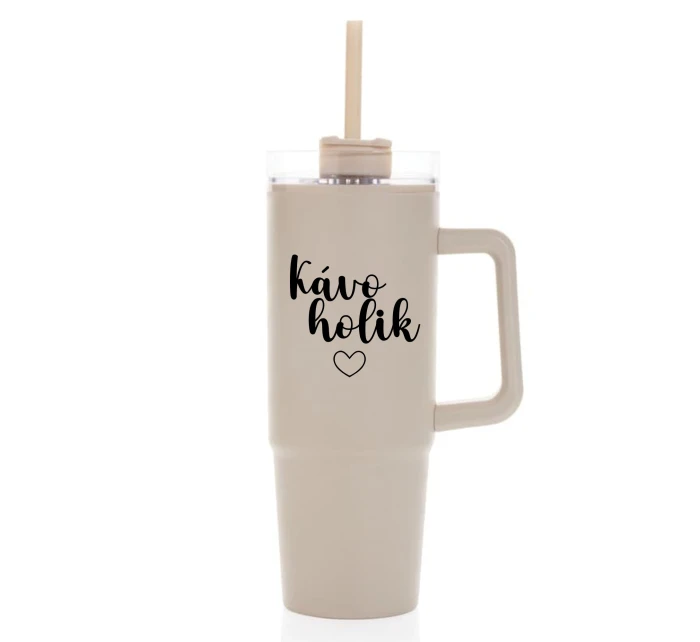 KÁVOHOLIK - béžový cestovní termohrnek s průhledným víčkem 900 ml