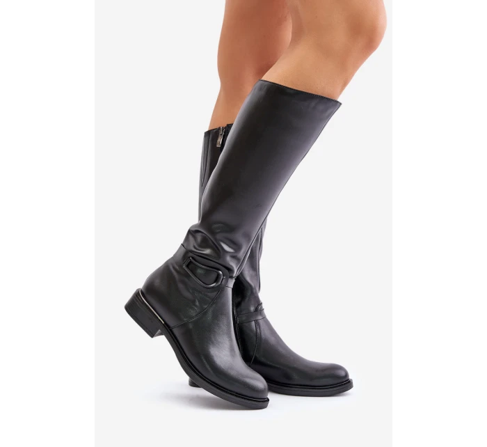 Zazoo 70140 Skórzane Kozaki Damskie Przed Kolano Ocieplane Czarne