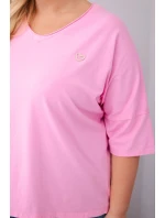 Plus veľkosť Dámske bavlnené nadrozmerné blúzka s V-výstrihom svetlo ružová