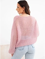 Dámský svetr ze 70 % kid mohéru s výstřihem do V v model 22391354 střihu pudrová růžová - K-Fashion