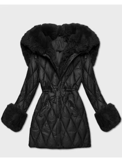 Černá bunda s kožešinovou kapucí, model 21757947 - HONEY WINTER