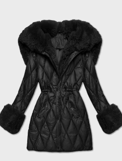 Černá bunda s kožešinovou kapucí, model 21757947 - HONEY WINTER