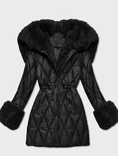 Černá bunda s kožešinovou kapucí, model 21757947 - HONEY WINTER
