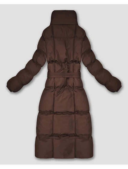 Dlouhá dámská zimní bunda v čokoládové barvě s páskem model 21748250 - J.STYLE