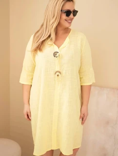 Dámske bavlnené šaty nadmernej veľkosti s kravatovým výstrihom žltá