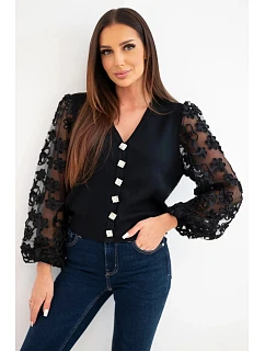 Dámský model 22294834 top s krajkovými rukávy a ozdobnými knoflíky černá - K-Fashion