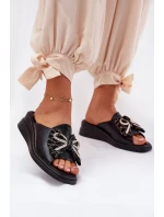 Klapki Damskie Na Koturnie Z Kokardą Czarne Moonzella Klapki Damskie Na Koturnie Z Kokardą Czarne Moonzella