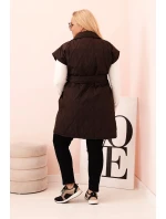 Dámská vesta Plus Size prošívaná s páskem a límcem hnědá