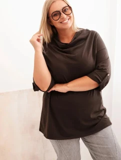 Dámske Plus veľkosť bavlnené voľné fit blúzka s vodou výstrih hnedá