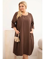 Dámske plus size viskózové šaty s vreckami a krátkymi rukávmi hnedé