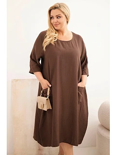 Dámske plus size viskózové šaty s vreckami a krátkymi rukávmi hnedé