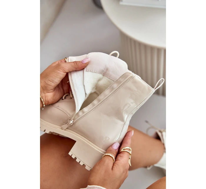 Lakierowane Botki Workery Na Zamek Ocieplane Beżowe Ravanthia