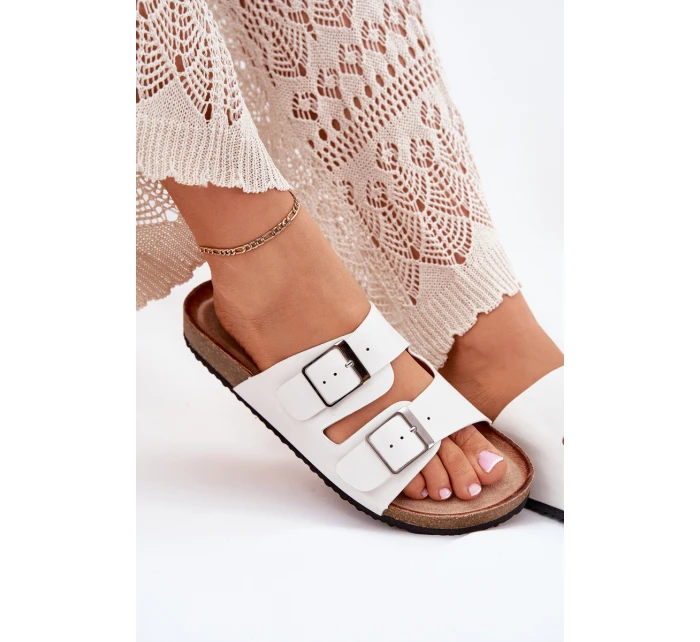 Klapki Damskie Na Korkowej Platformie Klamry Białe Evisolla Klapki Damskie Na Korkowej Platformie Klamry Białe Evisolla