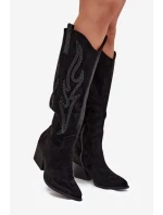 Dámske kovbojské čižmy na podpätku s ozdobou Jovina - čierne Dámske kovbojské čižmy na podpätku s ozdobou Jovina - čierne