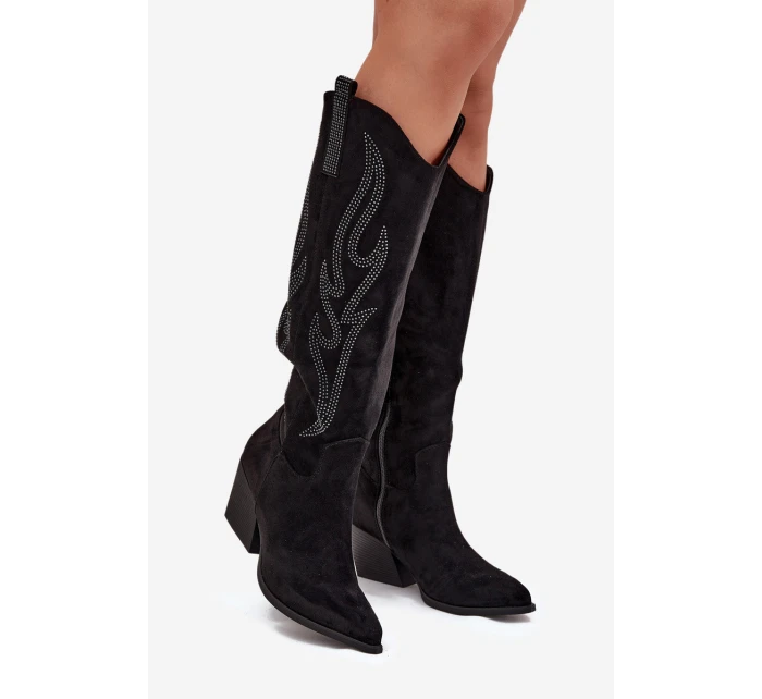 Dámske kovbojské čižmy na podpätku s ozdobou Jovina - čierne Dámske kovbojské čižmy na podpätku s ozdobou Jovina - čierne
