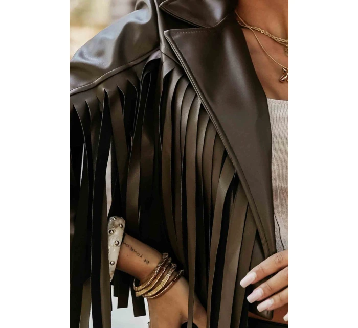 model 21371205 Krátká bunda s třásněmi z měkké ekokůže čokoládová - numoco basic model 21371205 Krátká bunda s třásněmi z měkké ekokůže čokoládová - numoco basic