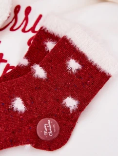 Detské vianočné ponožky so srdiečkami s kožušinou z alpaky - červené