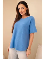 Dámsky sveter s krátkym rukávom voľného strihu modrý Dámsky sveter s krátkym rukávom voľného strihu modrý
