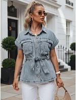Koszula damska jeansowa z paskiem i krótkim rękawem model 22223058 - FashionStreet