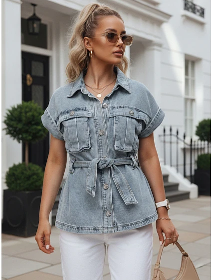 Koszula damska jeansowa z paskiem i krótkim rękawem model 22223058 - FashionStreet