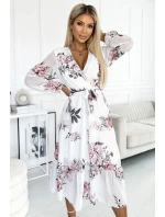 Bílé dámské midi šaty se vzorem výstřihem a páskem model 22077520 - numoco basic Bílé dámské midi šaty se vzorem výstřihem a páskem model 22077520 - numoco basic