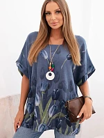 Dámske bavlnené tričko s kvetinovým vzorom denim blue