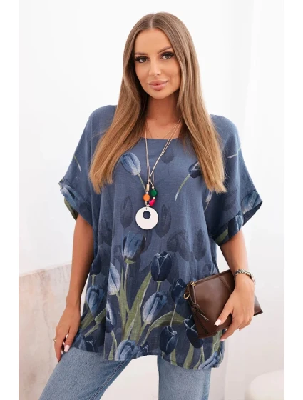 Dámská bavlněná košile s květinovým vzorem džínová modrá