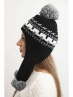 Dámska zimná vlnená čiapka s ušami a bambuľkami K436 black + graphite Dámska zimná vlnená čiapka s ušami a bambuľkami K436 black + graphite