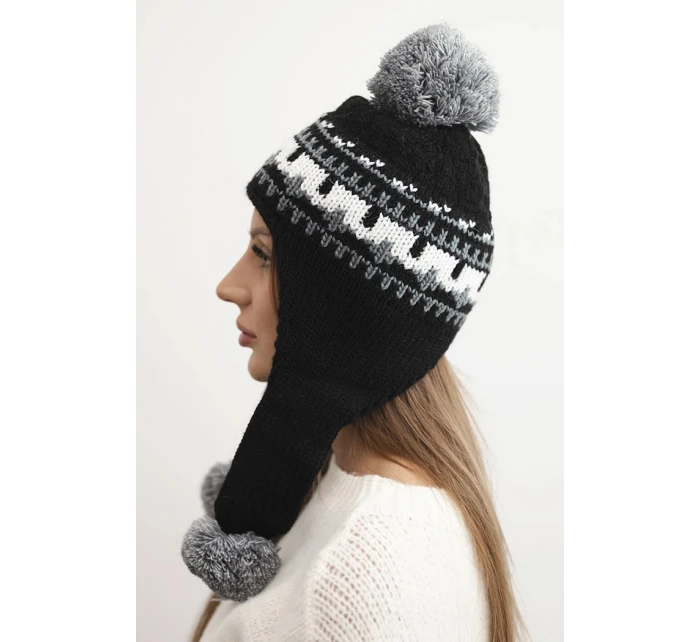 Dámska zimná vlnená čiapka s ušami a bambuľkami K436 black + graphite Dámska zimná vlnená čiapka s ušami a bambuľkami K436 black + graphite