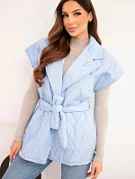 Dámska prešívaná vesta s opaskom a širokým golierom modrá