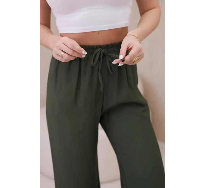 Viskózové nohavice so širokými nohavicami khaki