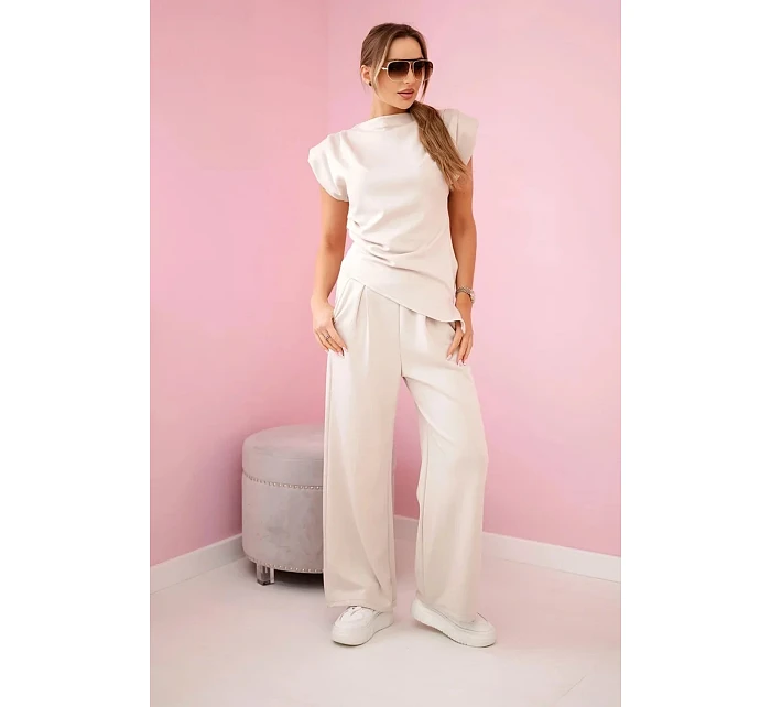Asymetrická blúzka + nohavice béžová