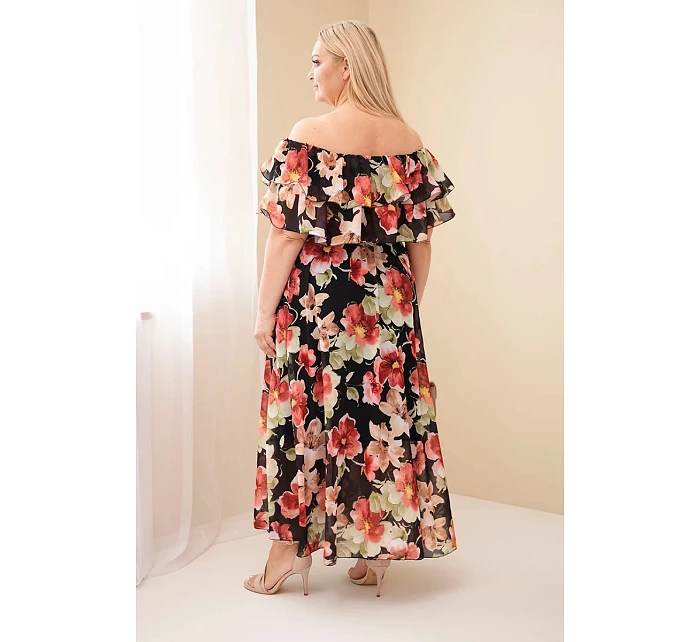 Dámske plus size maxi šaty so španielskym volánom a elastickým pásom čierne