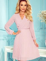 313-4 ISABELLE Plisované šaty s hlbokým výstrihom a dlhými rukávmi - Powder Pink