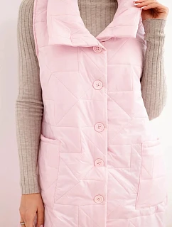 Dámska prešívaná dlhá vesta s vreckami a stojacím golierom candy pink