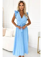 543-2 Plisované midi šaty s výstrihom a jemnými volánikmi - MODRÉ